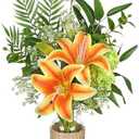 Hollyone Fake Flowers with Vase, Orange Silk Tiger Lily Artificial Flowers in Vase, Faux Plants and Flowers Arrangement Bouquets with Vases for Table Centerpieces Office Bathroom Home Decor