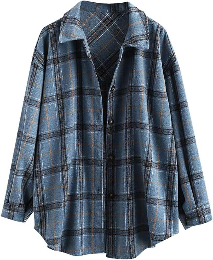 ZAFUL Women's Plaid Long Sleeve Shirt Button Down Thin Jacket Casual Flannel Plaid Shacket with Pocket (Large, Blue-3)