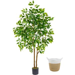 Warmplants Artificial Ficus Tree, 5ft Tall Fake Ficus Tree with Basket, Faux Plant for Indoor Outdoor Home Livingroom Office Garden Porch Dcor