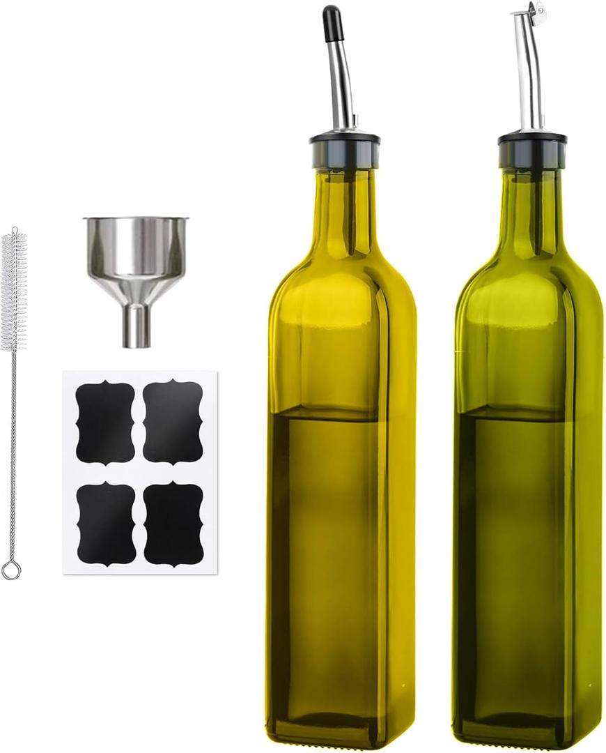 Olive Oil Dispenser Bottle, 2 Pcs 17oz Green Glass Oil Bottle for Kitchen, Olive Oil Dispenser Set with 2 Stainless Steel Pourers, 4 Labels,1 Brush and 1 Funnel