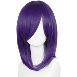 KiyaCos 40cm Purple Short Women Wig Straight Synthetic Fiber Shoulder Length Cosplay Wig Full Bangs