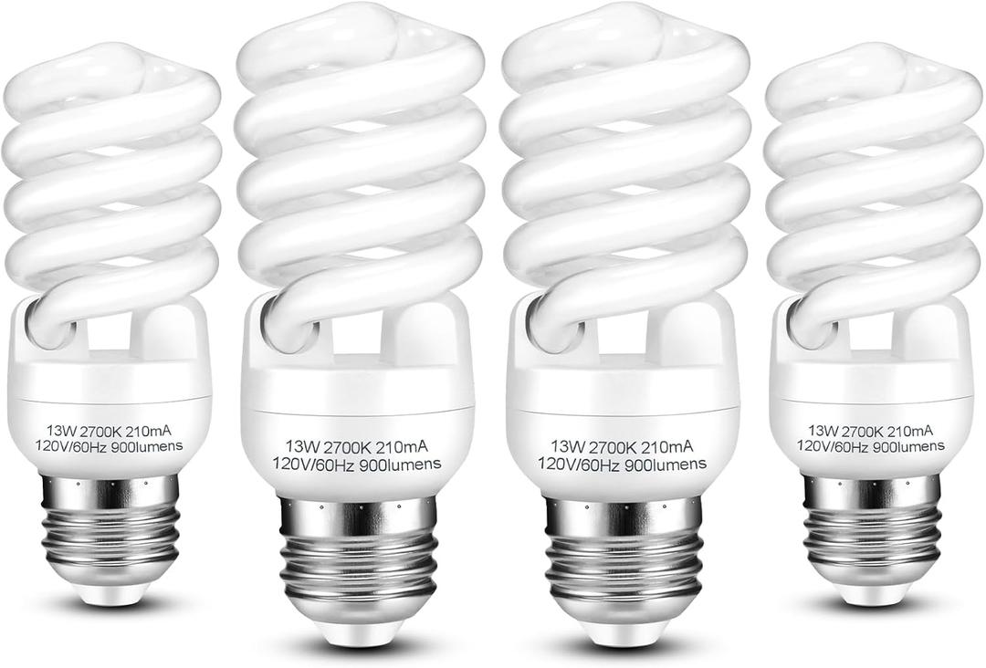 E26 CFL Light Bulbs 13Watt, T2 Spiral Soft White 2700K 900lm E26 Medium Base Compact Fluorescent Light Bulbs, UL Approved, 120v 60Hz, Self Ballasted CFL Bulbs (60Watt Equivalent), Pack of 4