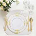Nervure 100Pcs White and Gold Plastic Plates - 7.5inch Gold Disposable Plates - Heavyweight Plastic Dessert Plate for Wedding & Party & Mothers Day