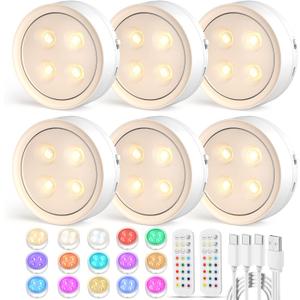 Onumii Puck Lights with Remote Rechargeable Under Cabinet Lighting 1200mAh Colors Changing Lights Magnetic Stick on Lights for Kitchen, Counter, Shelves, Closet (6 Pack, White)