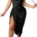 Women's Spaghetti Strap Satin Dress Sexy Backless Drawstring Ruched Split Hem Cocktail Evening Party 2 XL, Black 