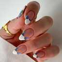 24Pcs French Tip Press On Nails - Medium Almond Glossy False Nails with Flower Designs, Full Cover Acrylic DIY Manicure, Set of 3, Mix