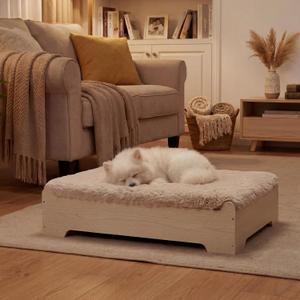 Elevated Wooden Dog Bed with Supportive Cushion & Washable Cover, Sturdy Noise-Free Frame, Modern Furniture-Style Design for Indoor Living Spaces, S Size for Small Dogs, Natural Wood Finish
