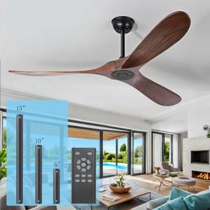 52 inch Ceiling Fan Without Light, Solid Wood Walnut Ceiling Fan with 3 Wood Blades 6 Speeds Smart Timing Reversible DC Motor, Modern Ceiling Fans for Indoor Outdoor Farmhouse/Patios - Dark Walnut
