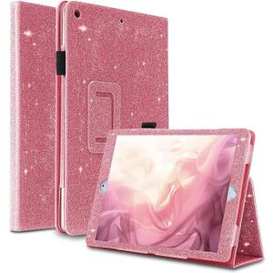 Glitter Case for iPad 10.2 inch(9th/8th/7th Generation,2021/2020/2019),Slim Sparkly Bling Bifold Stand with Pencil Holder,Smart Flip Tablet Case Cover with Auto Sleep/Wake,Pink