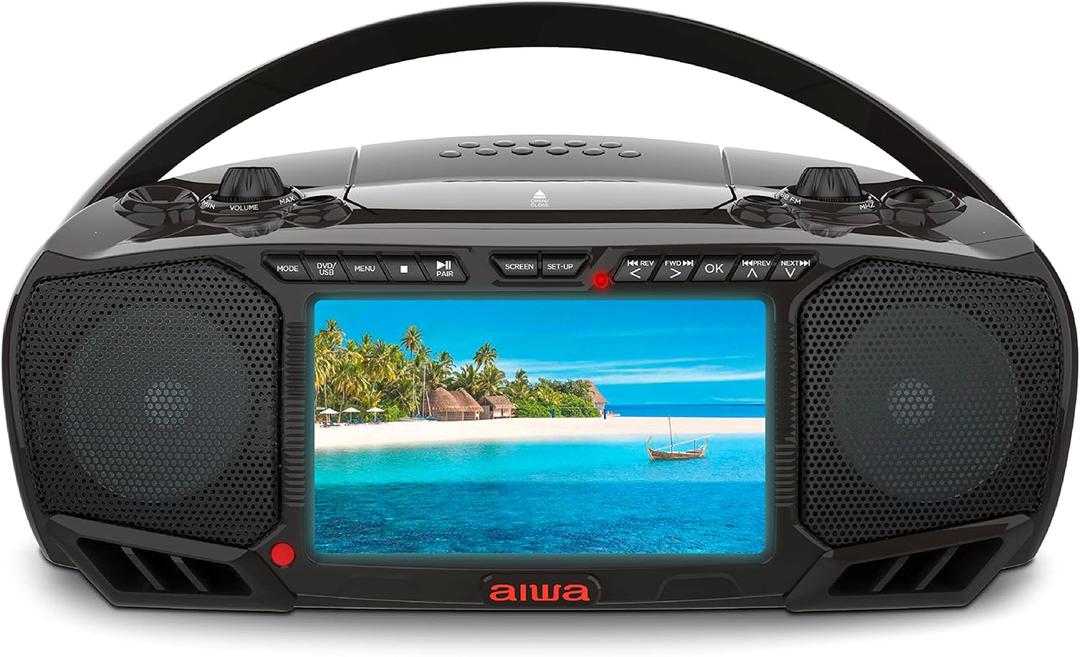 Aiwa Portable DVD Player, Crystal Clear Sound with Dual 3W Speakers and Bass Function, Featuring a 7" LCD Display, Bluetooth Connectivity, FM Radio, CD/DVD Playback