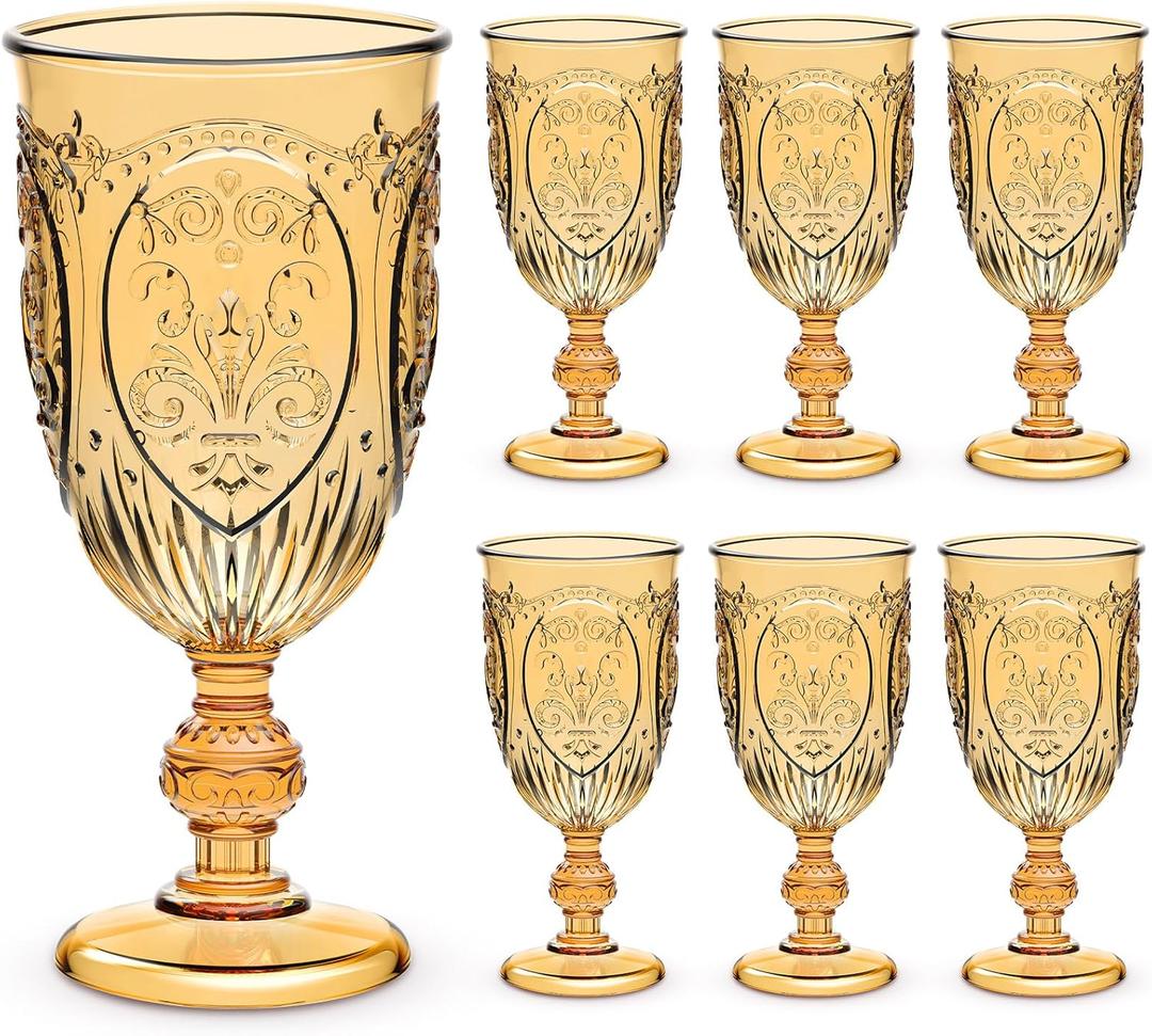 Wiwiqing 6 Pcs Plastic Goblets 7.5oz Vintage Goblet Plastic Wine Glasses Colored Retro Embossed Water Goblets for Wine Bar Juice Baby Shower Wedding Reception Grand Event Party (Amber)