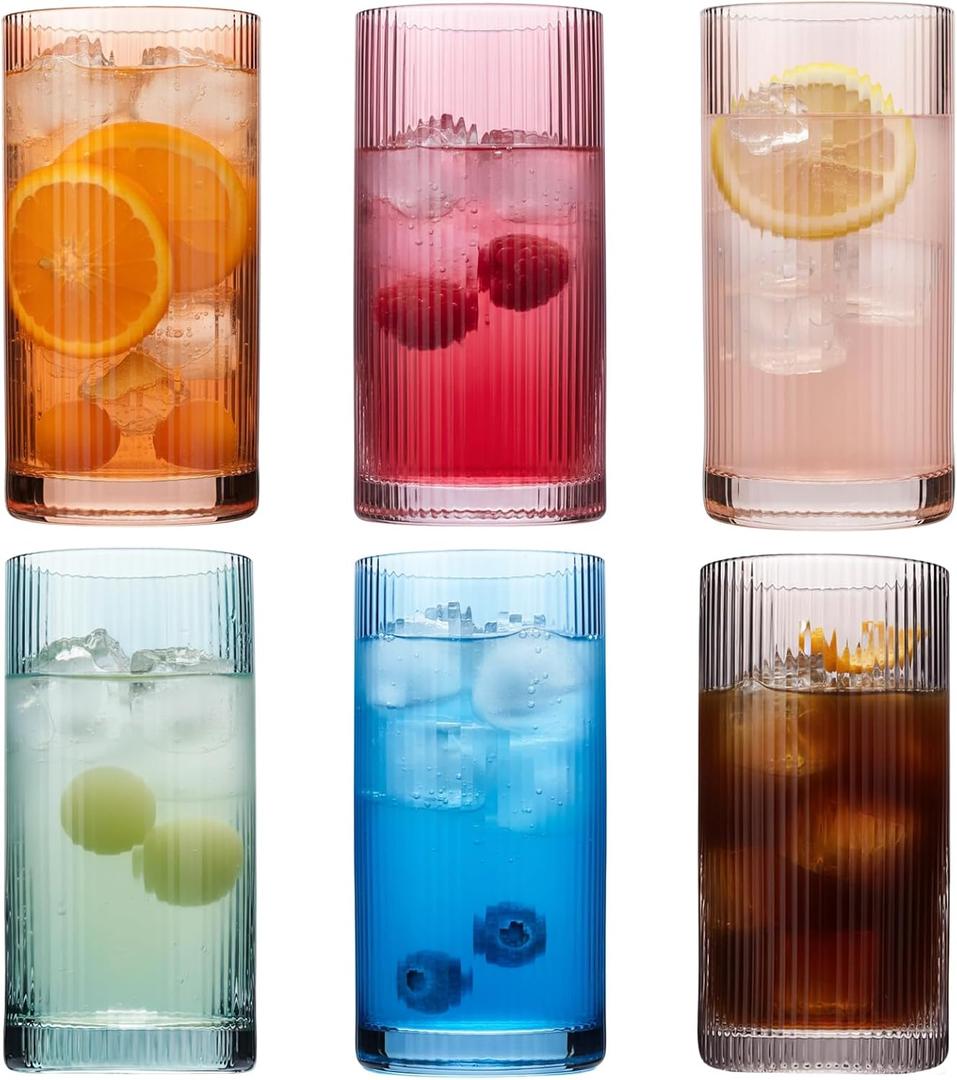 Physkoa Colored Ribbed Drinking Glasses Set of 5 - Vintage Highball Glasses Colorful, Embossed Ribbed Design Tumbler Glass for Cocktail, Juice, Mixed Drinks, Water, Holiday Party Supplies Gifts