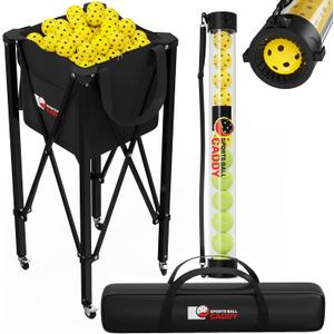 [2-in-1 Set] Tennis & Pickleball Hopper with Pickup Tube  Pickleball Caddy with Collapsible Metal Frame Ball Basket and Wheels & Carry Case  120 Tennis Balls or 100 Pickleball Ball Holder