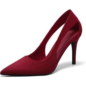 Coutgo Womens Dressy Heels Shoes Closed Pointed Toe Cut Out Pumps Casual Work Shoes, Red Wine, Size 8.5