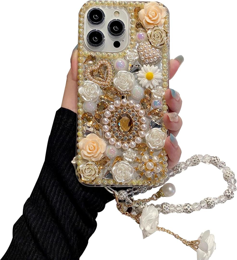 iFiLOVE for iPhone 13 Bling Diamond Case with Flower Strap, 3D Luxury Sparkle Glitter Crystal Rhinestone Pearl Love Rose Wristband Bracelet Case Cover for Girls Women Kids (Champagne)