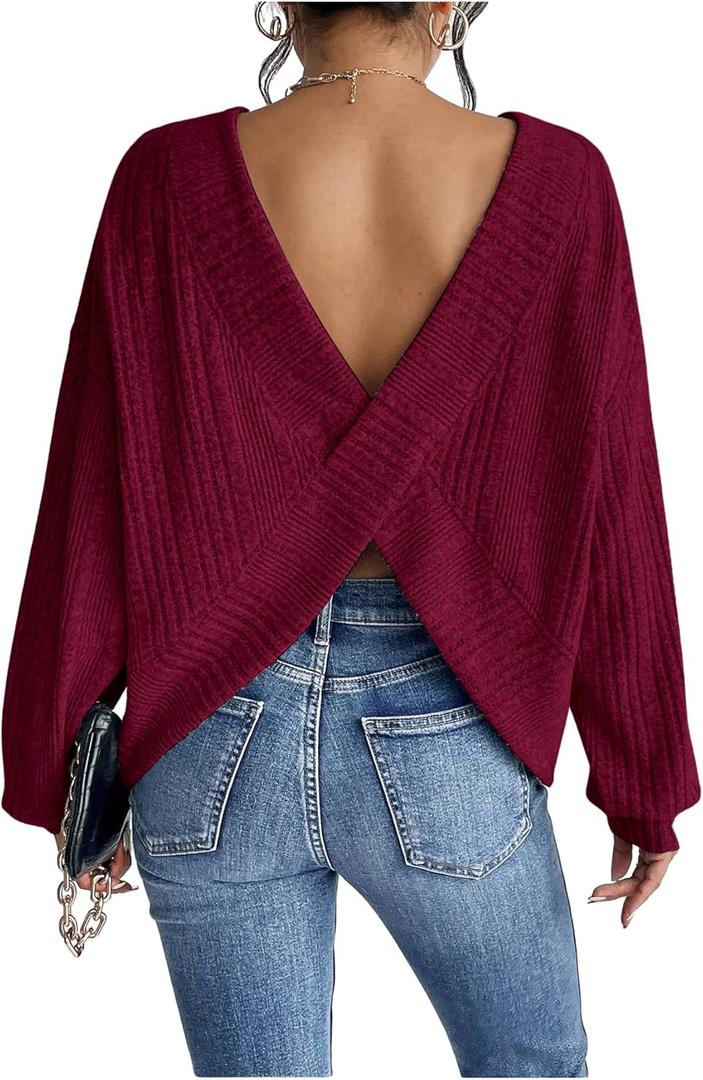 SweatyRocks Women's Criss Cross Round Neck Pullover Sweaters Long Sleeve Loose Cut Out Back Knit Tee Tops Backless Shirts (Large, Red Violet)