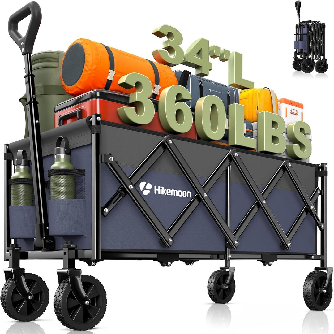 Hikemoon 34'' Extra Long Collapsible Wagons Carts Foldable, 360LBS Heavy Duty Folding Beach Wagon Cart with Wheels, Portable Utility Outdoor Wagon for Grocery, Shopping, Garden, Sports, Purple