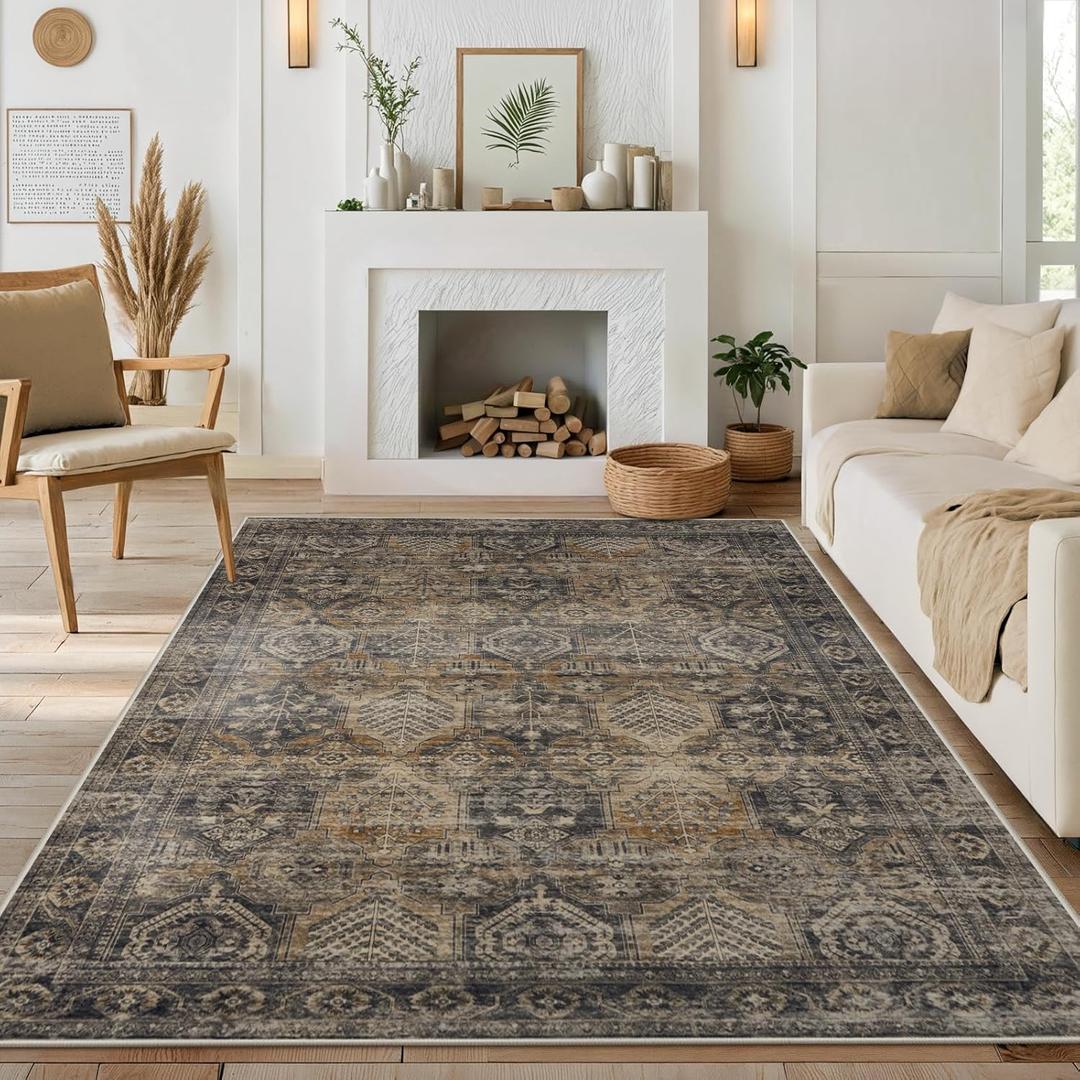 Anidaroel 5x7 Area Rugs for Living Room: Washable Vintage Moroccan Large Area Rug, Retro Floral Soft Rugs for Bedroom, Non Slip Dining Room Throw Carpet for Office Playroom, Brown