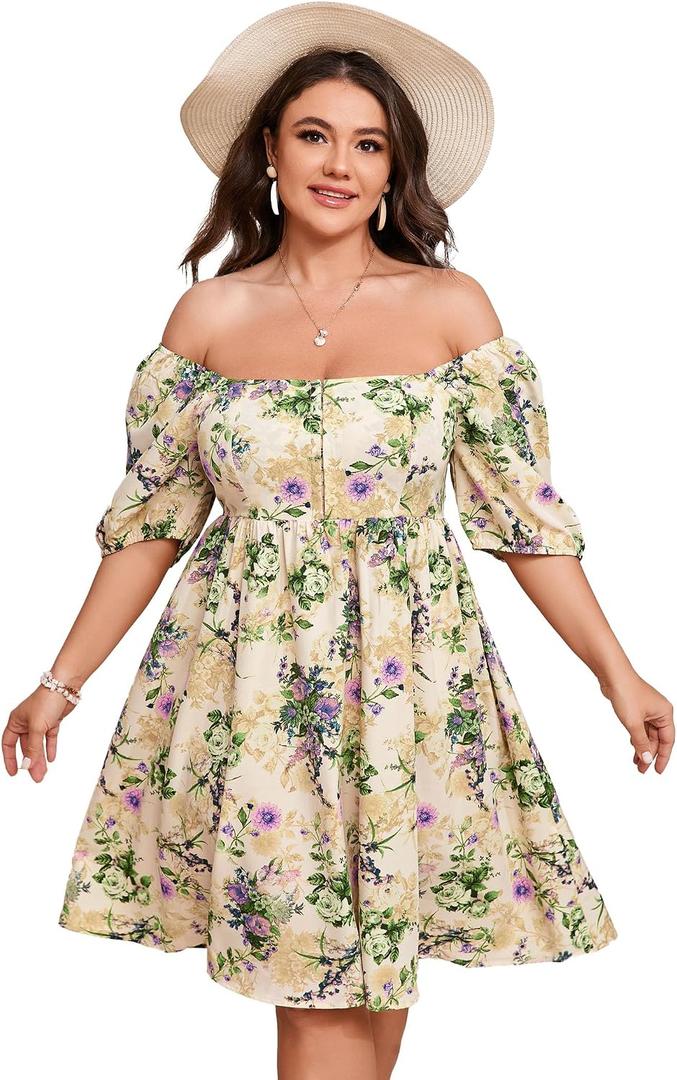 Women's Plus Size Casual Dress Square Neck Victorian Dress for Women Puff Sleeve Corset Dress Floral Dresses for Women (XXXL)
