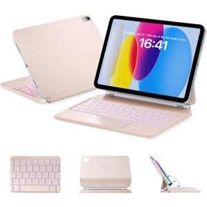 HOU Magnetic Keyboard Case for iPad 11 (A16)/10, 135 Wider Adjustable Tilt, Smooth AG-Glass Touchpad, 12 Shortcut Key Combinations, 7-Color Backlight, Deeper 1.3mm Key Travel, Bluetooth, Pink