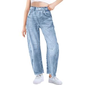 Haloumoning Girls Wide Leg Barrel Jeans Kids Fashion Elastic Waist Baggy Denim Pants with Pockets 13-14 Years (Sky Blue)