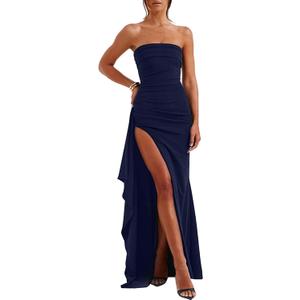 Women's Backless High Split Strapless Long Prom Formal Cocktail Dress for Women, XS Blue