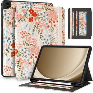 for Samsung Galaxy Tab A9 Plus Case 11'' - for Women Girls Cute Embroidered Folio Stand Cover with Pencil Holder & Card Slot Girly Floral Flowers Design Aesthetic Cases for Samsung Tab A9 Plus