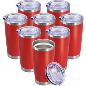 20 oz Tumbler Coffee Travel Tumblers Bulk with Lid Stainless Steel Double Wall Vacuum Insulated Mug Powder Coated Cups fit Car Cupholder for Hot and Cold - Red, 8Pack
