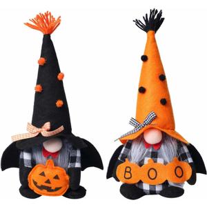Ni-JASW Halloween Plush Gnomes Set of 2, Spooky Orange Black Bats Boo Swedish Tomte Elf Figurines Tiered Tray Decor