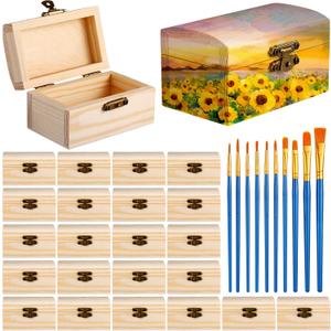 Chumia Unfinished Wood Treasure Chest with 10 Paintbrushes, Small Treasure Craft Boxes with Locking Clasp Wooden Storage Box for DIY Party Favor Jewelry, 3.5 x 2.2 x 1.8 Inch(24 Pcs)