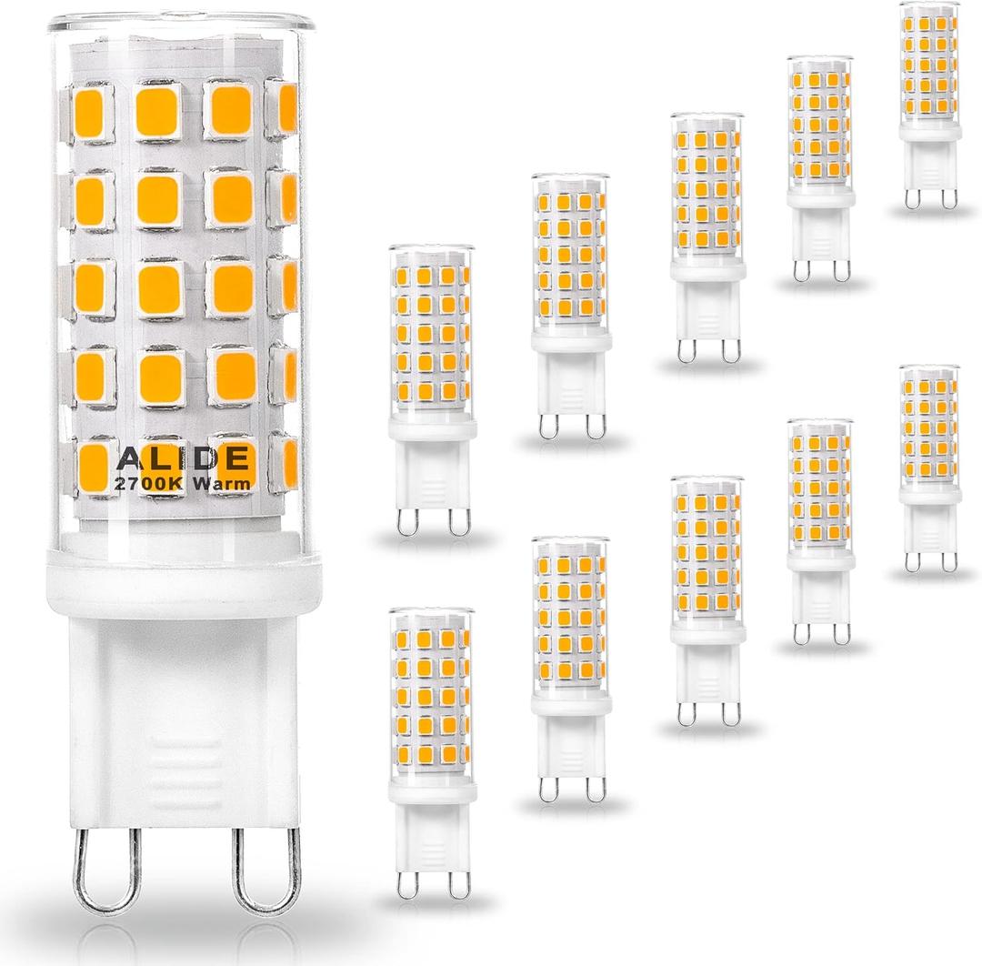 ALIDE G9 Led Bulbs 5W Replace 50 Watt 60 Watt Halogen Equivalent,2700K Soft Warm White, AC120V T4 G9 Bi-pin Led Bulbs for Chandelier Lighting,550LM,10Pack, Non-dimmable