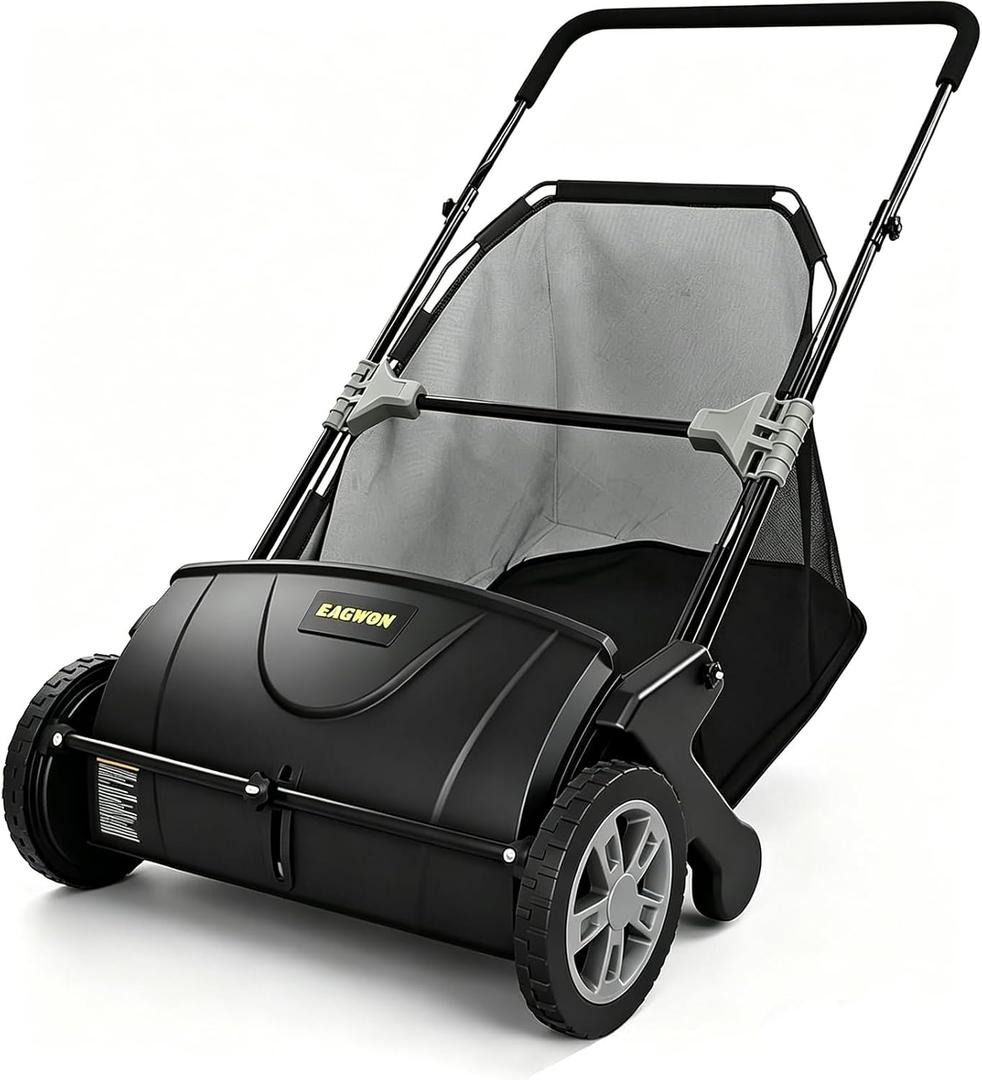 Push Lawn Sweeper, 21-Inch Width, 3.5 Cu. Ft. Hopper Capacity, 4 Spinning Brushes, Adjustable Height, Durable Steel Frame with Rubber Wheels, Black