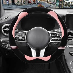 14 inch Furry Cute D Shaped Steering Wheel Cover, Soft Fluffy Short Plush Auto Accessories, Non-Slip Cold-Proof Sweat-Proof Colorfast(Black with Pink) (Small[13.5''-14''])