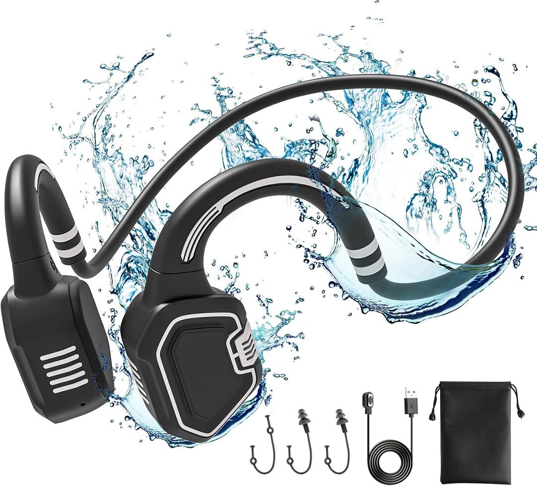 Bone Conduction Headphones Swimming Headphone - IP68 Waterproof Open Ear Headphones with MP3 Play 32G Memory Inductive Wireless Bluetooth Sports Headset for Running Swimming (Grey)