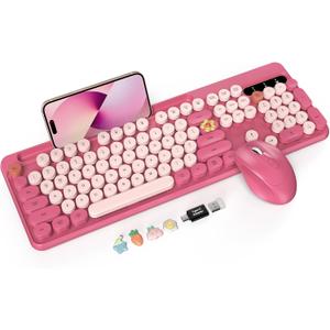 Wireless Keyboard and Mouse Combo, Retro Round Keycaps, Full-Size Cute Typewriter Keyboard with Large Phone/Tablet Holder, Auto-Sleep, 2.4GHz Cordless Connection for Windows/PC/Laptop (Camellia Rose)