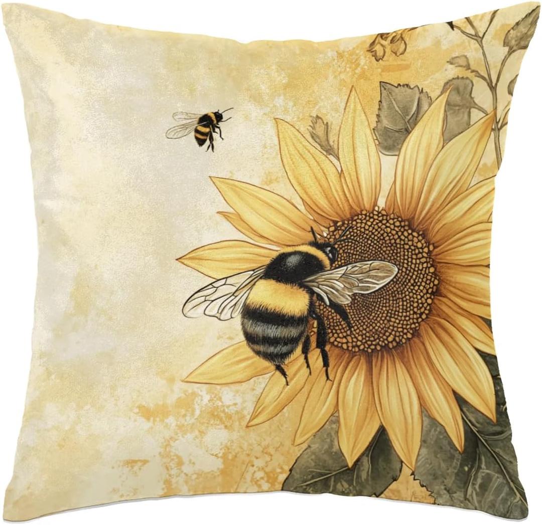 Leaves Bees Throw Pillow Covers Vintage Sunflowers Pillow Cases Square Cushion Cover for Sofa Couch Bedroom Living Room 20x20 Inch (Yellow Beige)