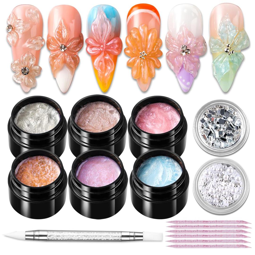 Solid Builder Nail Gel,6 Colors Non-Sticky Hand 3D Sculpting Gel for Nail Art, Nail Extension Glue Hard Gels Nail Kit with Nails Rhinestone for 3D Flower Carving Modeling Manicure Salon Supplies (Multicolour)