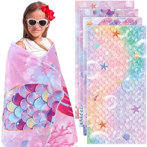 48 x 24 Inches 4 Pcs Mermaid Beach Towel, Microfiber Quick Dry Mermaid Tail Beach Towel Blanket for Travel Shower Swimming Camping Bath Pool Gifts