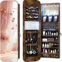 Vlsrka 6 LEDs Mirror Jewelry Cabinet Door Hanging, 47.2" Wall Mounted Jewelry Cabinet, Lockable Full Length Mirror with Storage, Rounded Corner Mirror Jewelry Organizer, 2 Drawers, Rustic Brown