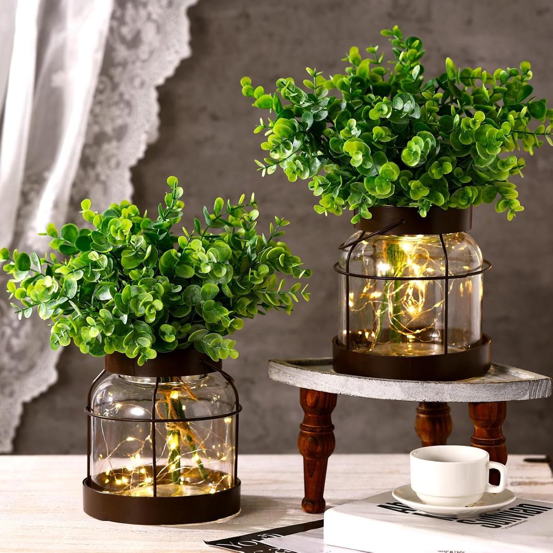 2 Set Vintage Glass Vase Rustic Farmhouse Lantern Decor with Artificial Plants Lights Decorative Clear Vase for Home Decor Floral Arrangement Dining Table Centerpieces(Eucalyptus Leaf)