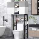 Over-The-Toilet Storage Rack, 4-Tier Bathroom Organizer Shelf Over Toilet with Barn Doors Cabinet and Basket, Freestanding Space Saver Bathroom Shelves with Paper Holder Above Toilet (Gray & White)