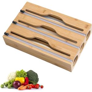3 in 1 Plastic Wrap Dispenser with Cutter and Labels, Foil and Plastic Wrap Organizer, Aluminum Foil Organization and Storage, Foil Organizer for Drawer, Bamboo Aluminum foil Holder for 12.5"Roll Wrap