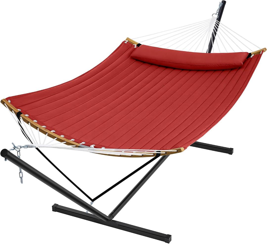 SUPERJARE Hammock with Stand, 2 Person Heavy Duty Hammock with Padded Cotton, Detachable Pillow & Strong Curved-Bar & Portable Carrying Bag, Perfect for Outdoor & Indoor, Red
