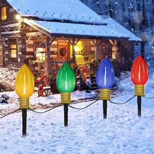 CHYparty Outdoor Christmas Pathway Lights, Set of 4 Outdoor Lawn Christmas Lights with C9 Clear Multicolored Jumbo LED Bulbs, 7Ft Connectable Marker Stake Lights for Holiday Outside Yard Garden Decor, Pack of 2