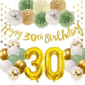 30th Birthday Decorations for Her Him,Happy 30th Birthday Banner with Number 30 Foil Balloon White Gold Sage Green Birthday Balloons Paper Pom Poms for Women Men 30 Year Old Birthday Party Decor