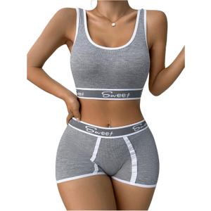 SweatyRocks Women's Letter Print 2 Piece Scoop Neck Bra and Mid Rise Boyshort Lingerie Set Underwear (Large, Light Grey)