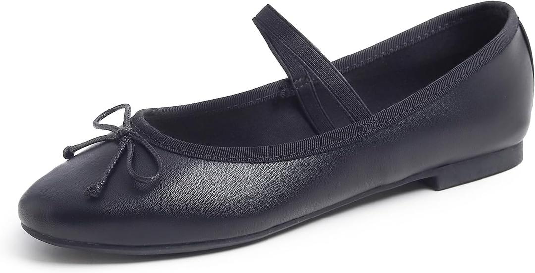 FEVERSOLE Women's Soft Cushion Padded Comfort Round Toe Mary Jane Elastic Fashion Ballet Flats Walking Shoes (7.5, Black Vegan Leather Mary Jane With Canvas Lining)