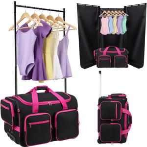 Dance Bag with Garment Rack and Curtain, 23'' Dance Competition Bag with Garment Rack & Wheels, Rolling Dance Bag for Girls, Suitcase for Dancer Cheerleader Little Princess(Black)
