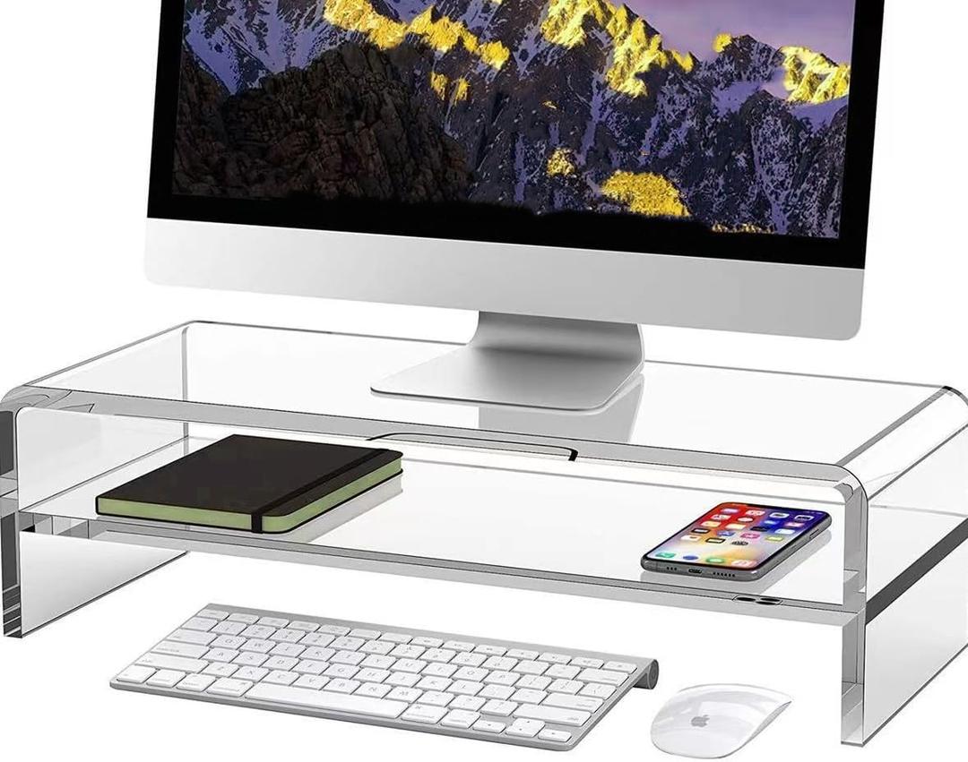 Acrylic Monitor Stand - 16/20 inch 2 Tier Riser for iMac, PC, Desktop, Laptop, TV with Storage Shelf, Home Office Desk Organizer
