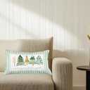 Merry and Bright Christmas Tree Pillow Covers 12x20,Green and Gold Christmas Decorations, Watercolor Xmas Trees Green Striped Lumbar Pillow Cover Decor for Home Bedroom Living Room